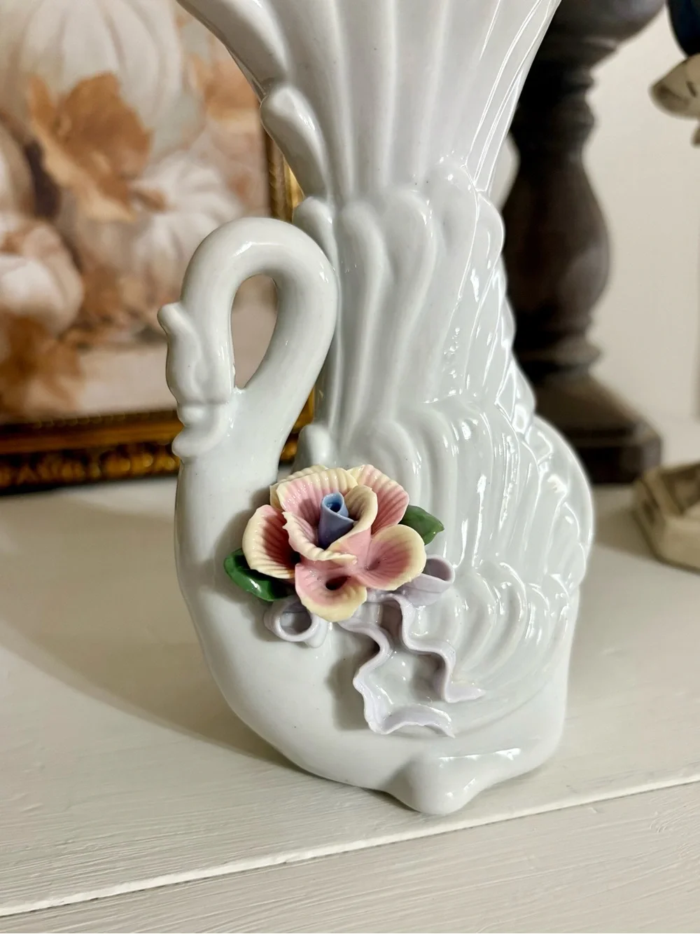 Vintage White Swan Vase with Pink and Lavender Floral Accent